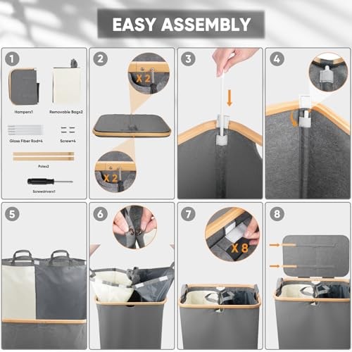 Laundry Hamper with Lid, Tall Laundry Baskets with Bamboo Pull 140 liters Grey