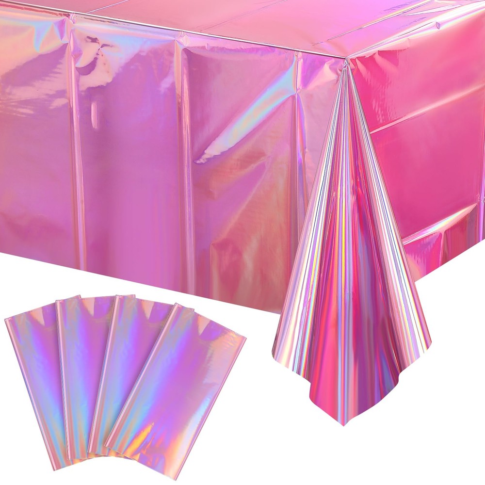 4 Pack Iridescent Pink Plastic Tablecloths, Shiny Disposable Laser Rectangle ...