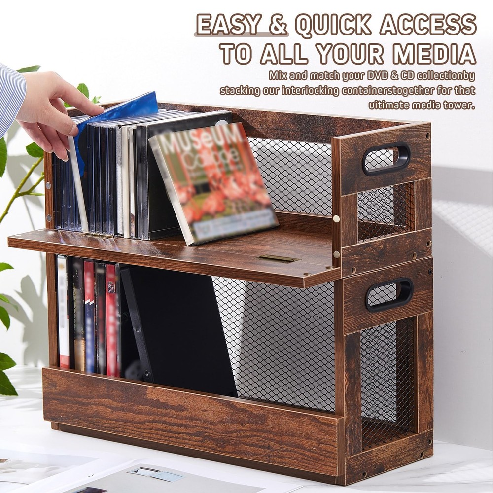 Jetec 2 Set Metal & Wooden Stackable Tabletop Storage Shelf, DVD and CD Stora...