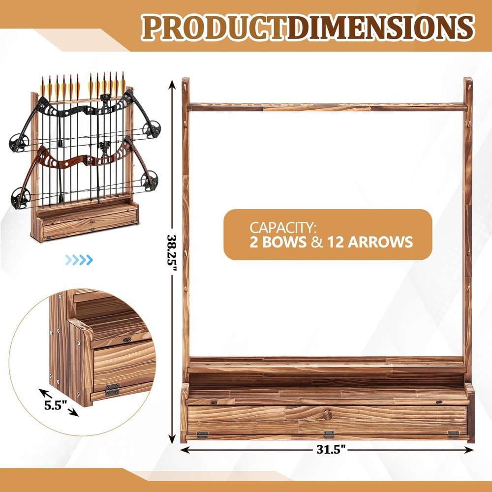 Wall Mounted Bow & Arrow Display Rack, Solid Wood Holder for 2 Compound Bows ...