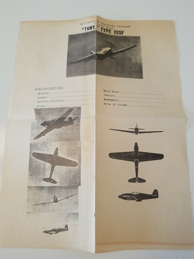WW2 Recognition Training Program Japanese TONY Identification Paper TYPE 3SSF
