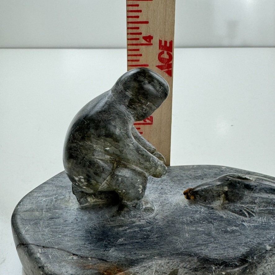 Alaskan Native Vtg Soapstone Tableau Seal & Hunter Contemporary Green Variegated