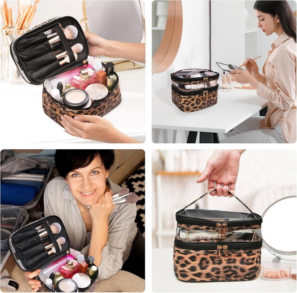 Double Layer Leopard Makeup Bag Travel Cosmetic Case Waterproof
