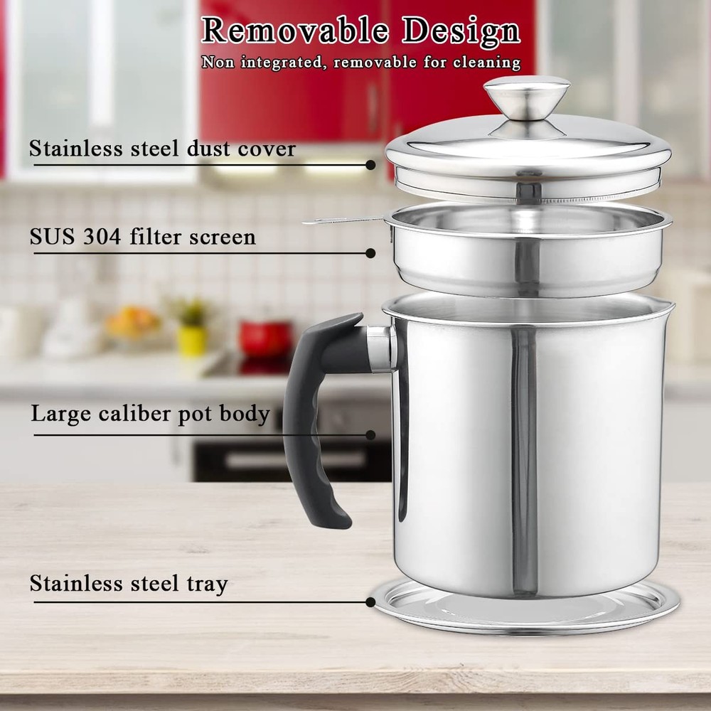 Kyraton Bacon Grease Container With Strainer, 48 oz 1. Silver, Silver