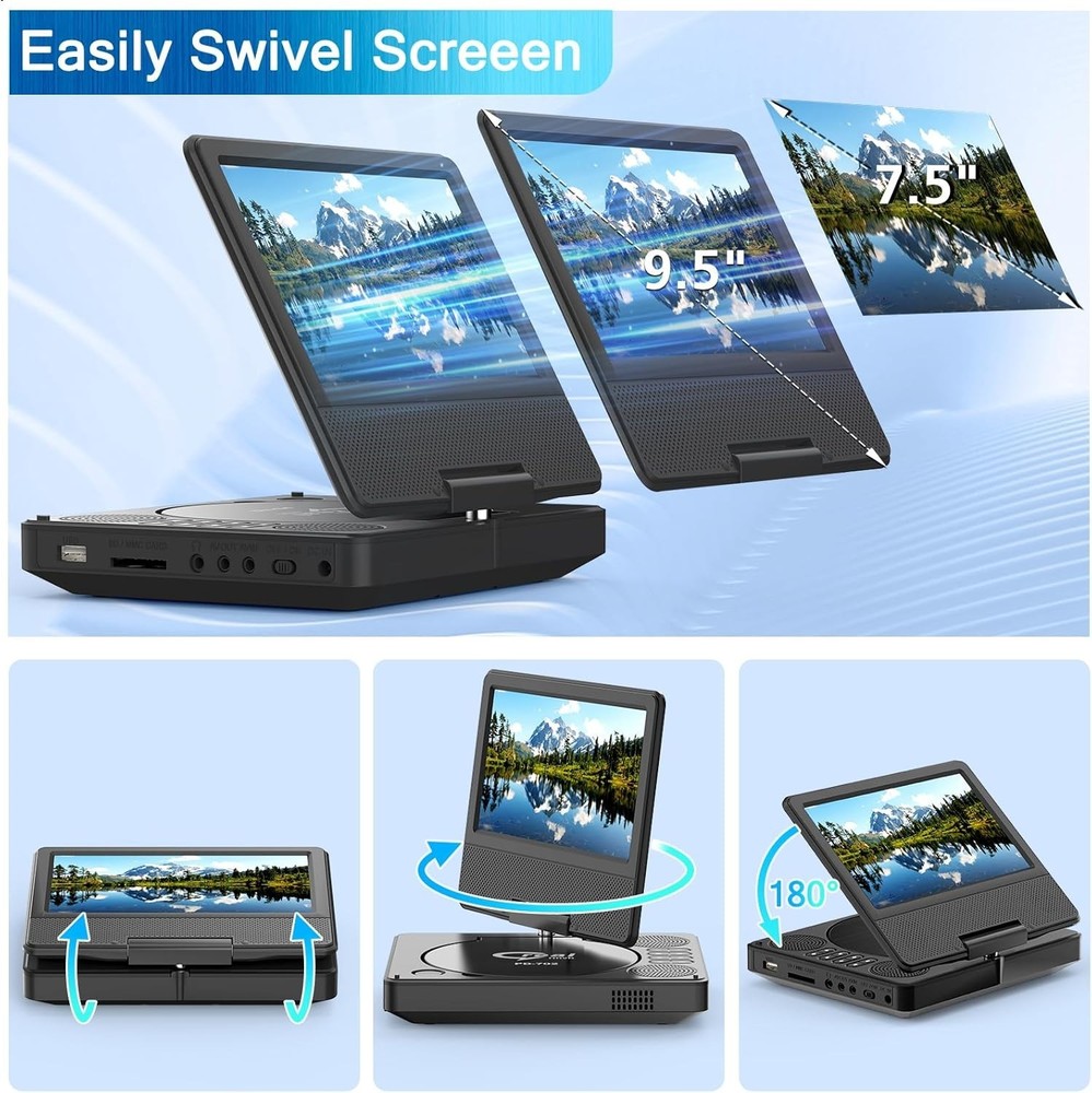 9.5" Portable DVD Player with HD Swivel Screen Support CD/DVD/SD/USB
