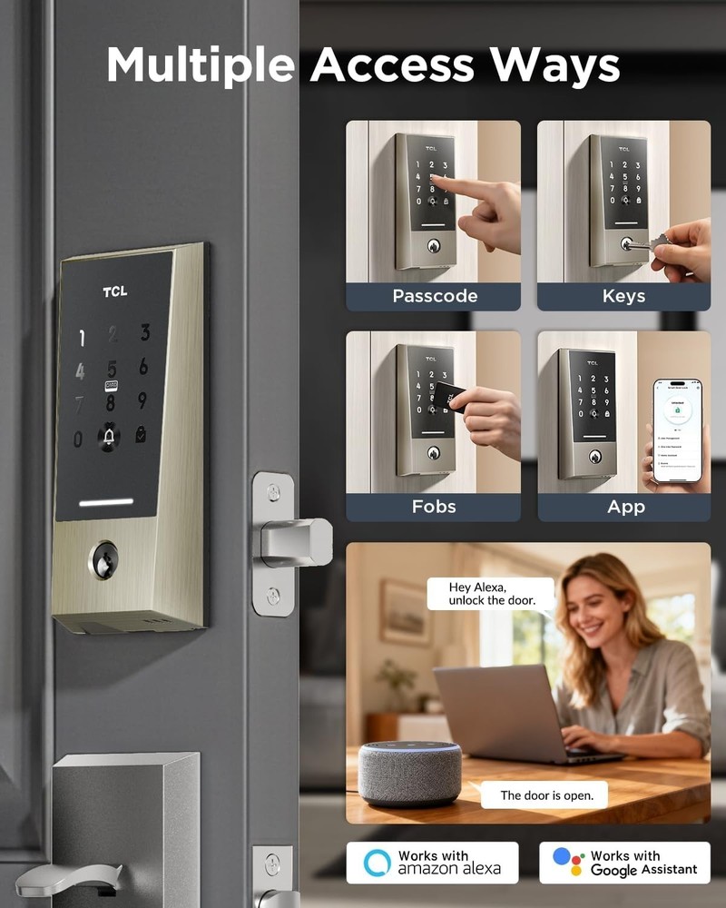 (Built-In WiFi) TCL D2 Smart Lock Keyless Entry Deadbolt, App Control, Passcodes