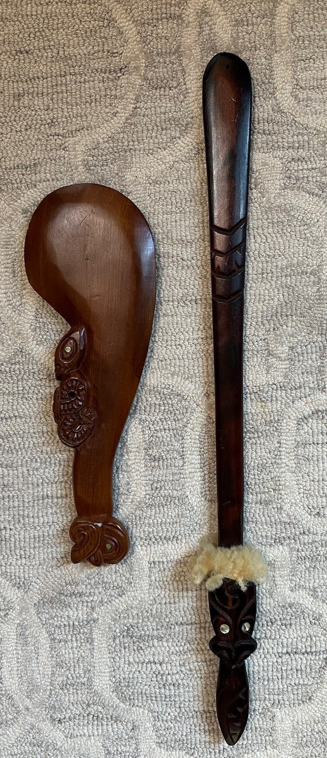 Wahaika Maori Patu New Zealand 15.5” & 27.75” Hand Carved Abalone Inlaid Weapons