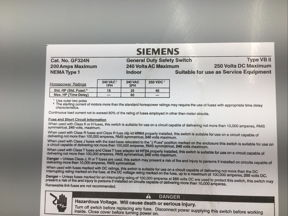 Siemens GF324N Safety Switch (Used)