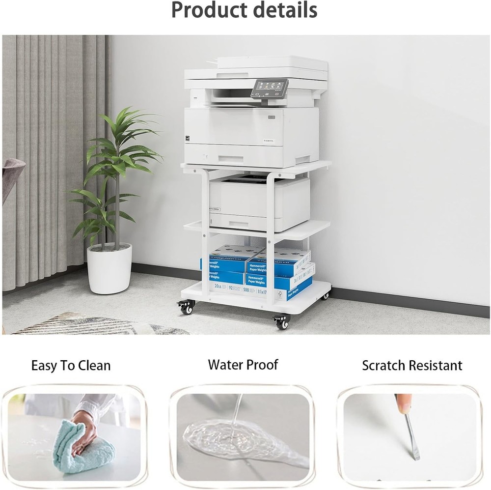White Printer Stand 3 Tier Rolling with Wheels