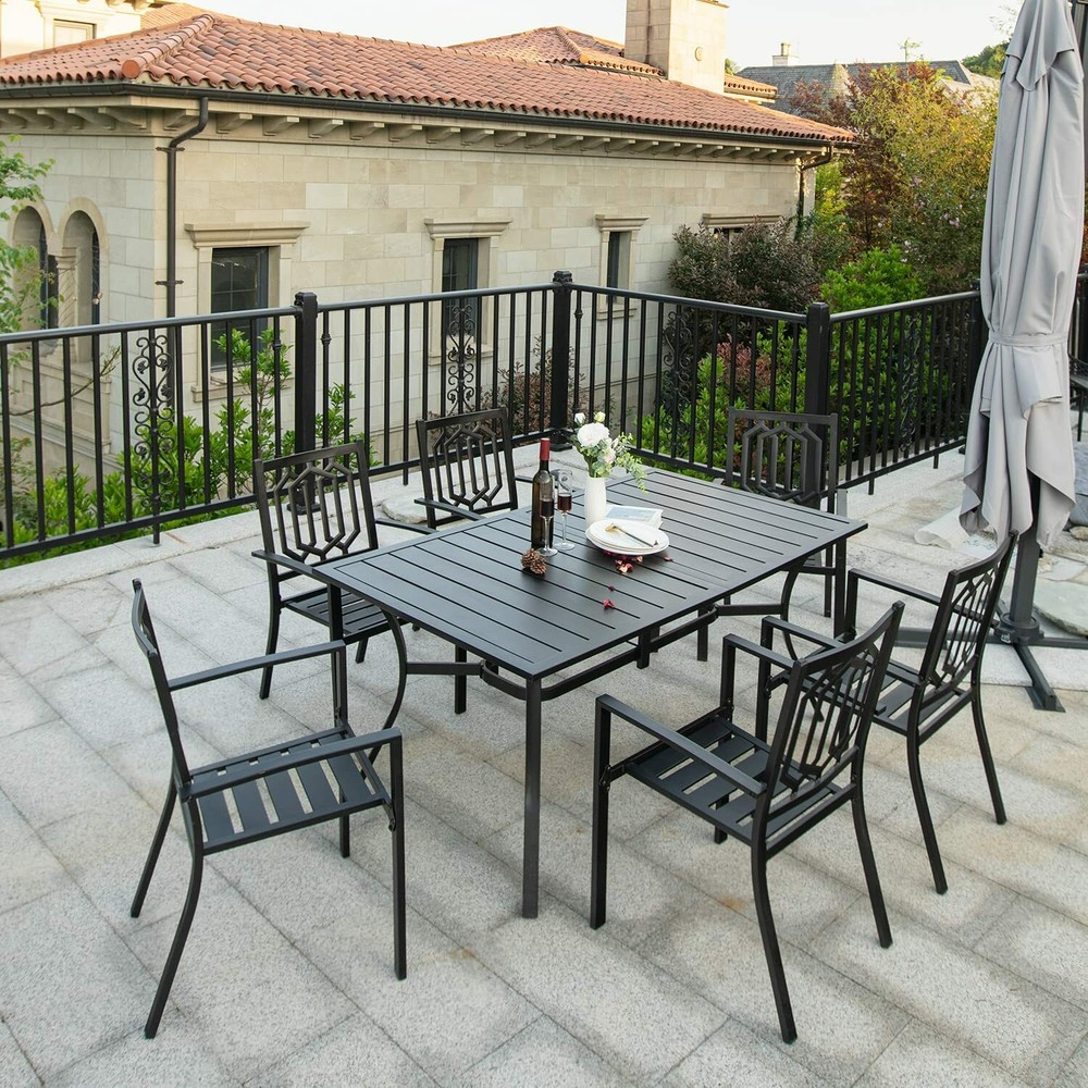 59inch Outdoor Dining Table Metal Rectangular Patio Dining Table w/Umbrella Hole