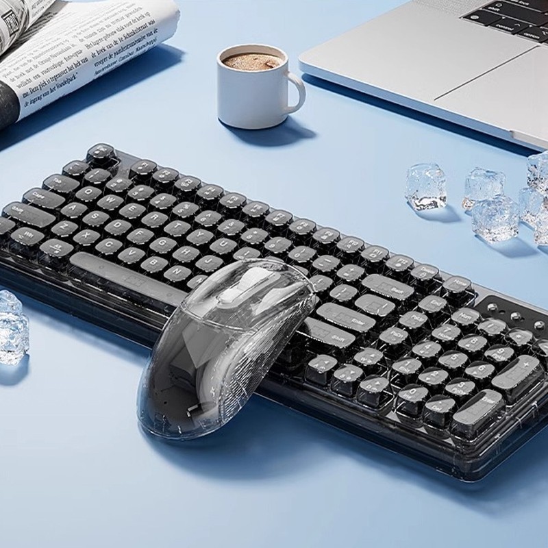 Transparent black Bluetooth wireless mouse and keyboard set: Fast connection.
