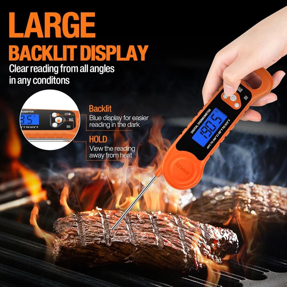 Portable Digital Cooking Thermometer with Backlight & Retractable Probe - Orange