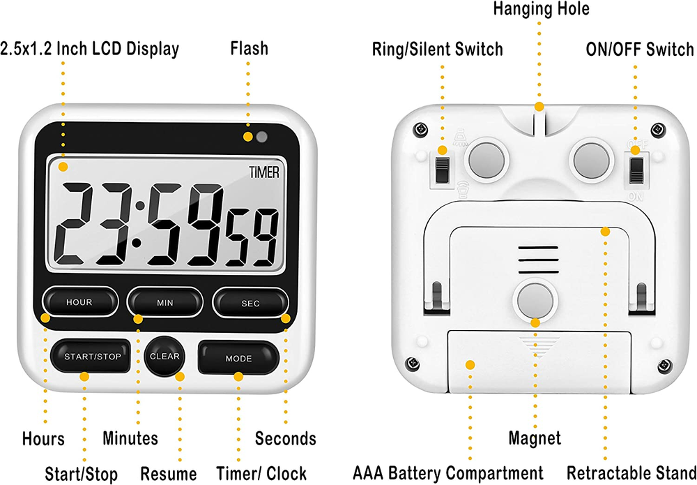 Digital Kitchen Timer with Mute/Loud Alarm Switch 12 Hour Clock Memory Function