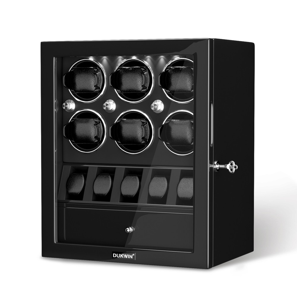 Compact LED Watch Winder Box For Automatic 6 Watches With 5 Extra Watch Storage