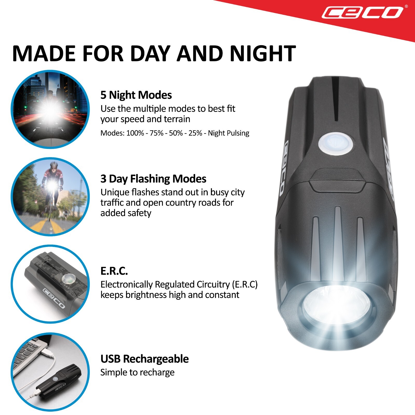 CECO-USA True 1,000 Lumen Super Bright USB Chargeable Bicycle Light