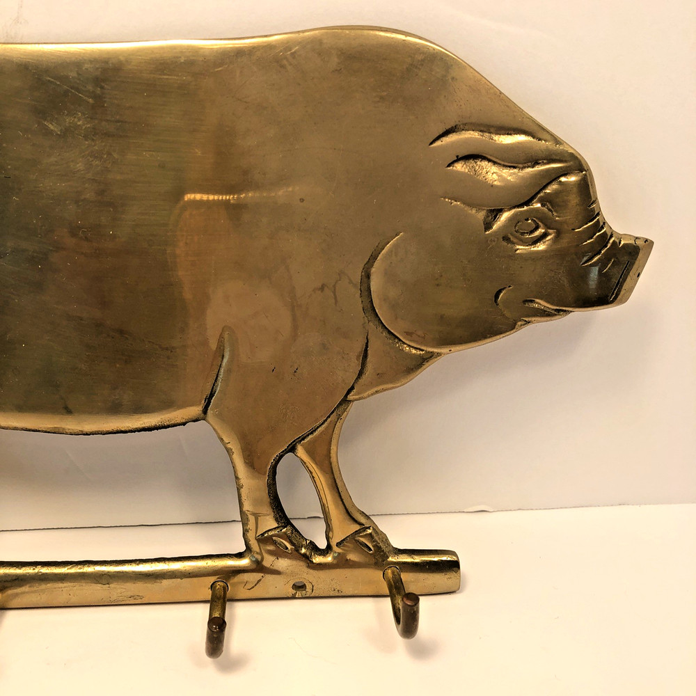 Solid Brass 4" Wall Mounted Piggy Key Holder-4 Hooks~Rustic Home & Farm Decor