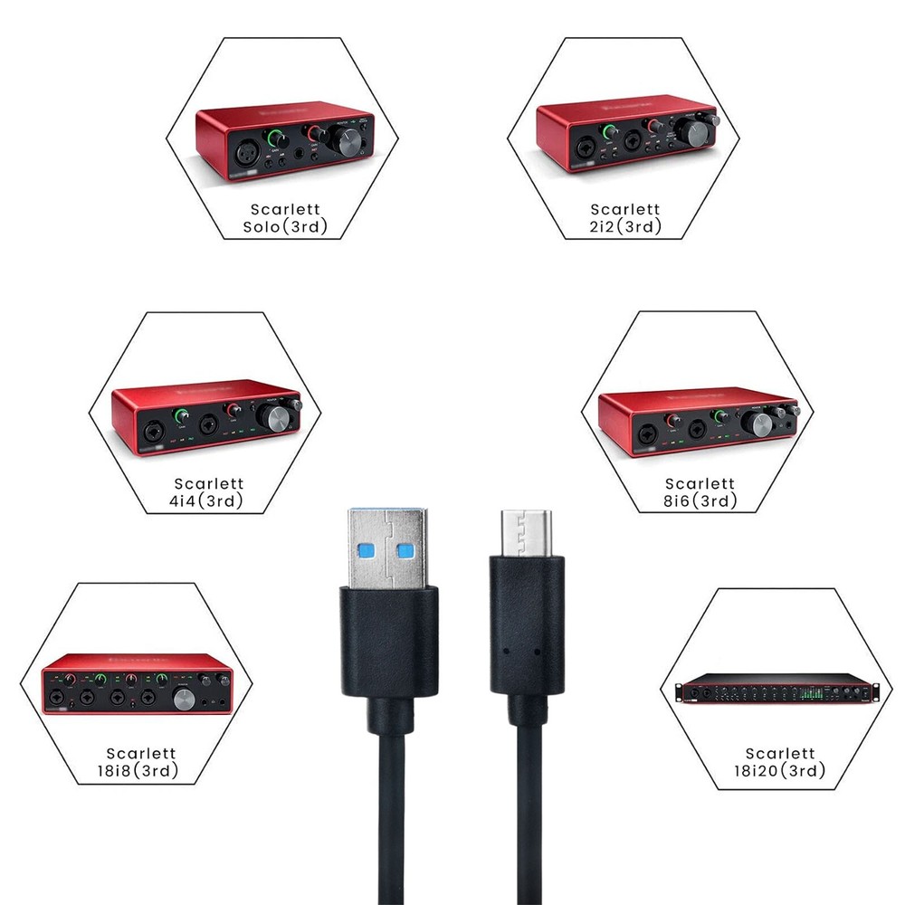 USB-C Cable For Focusrite Scarlett Solo/ 2i2 / 4i4 / 3rd Gen USB Audio Interface