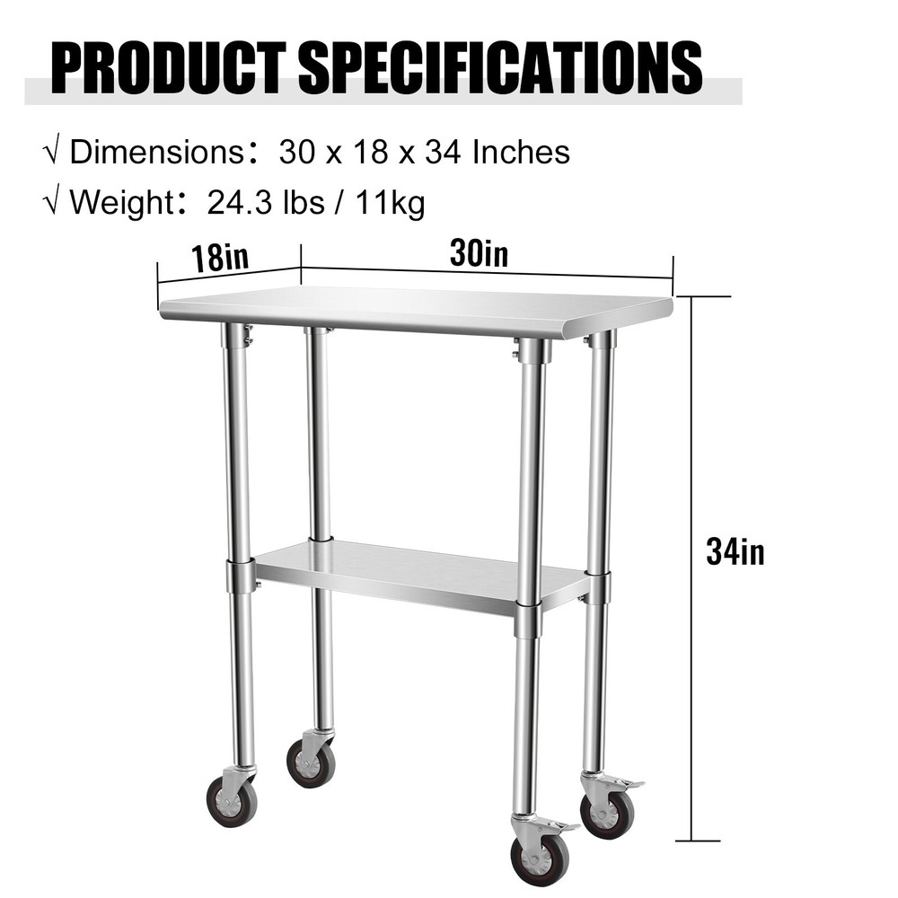Stainless Steel Work Table 30" x 18" with Undershelf & Caster Wheels NSF