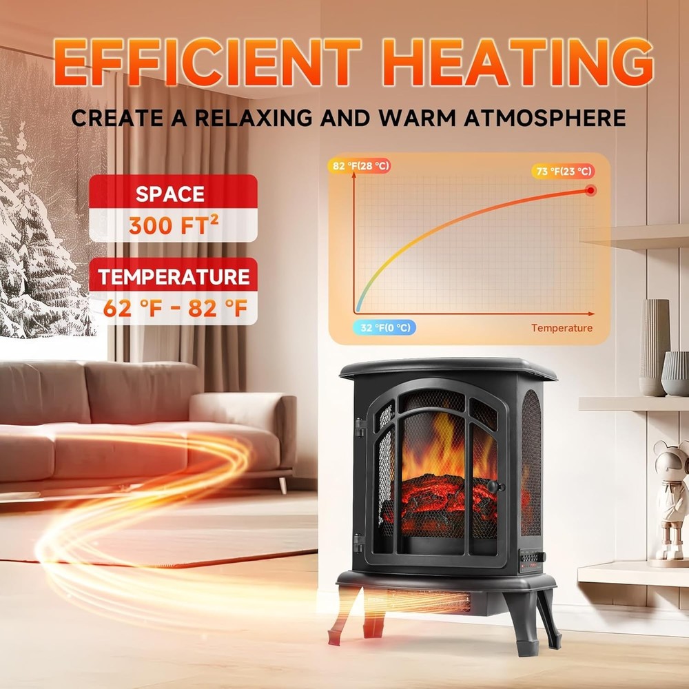 24" Freestanding Electric Fireplace - Art Deco Style with Remote Control & Timer
