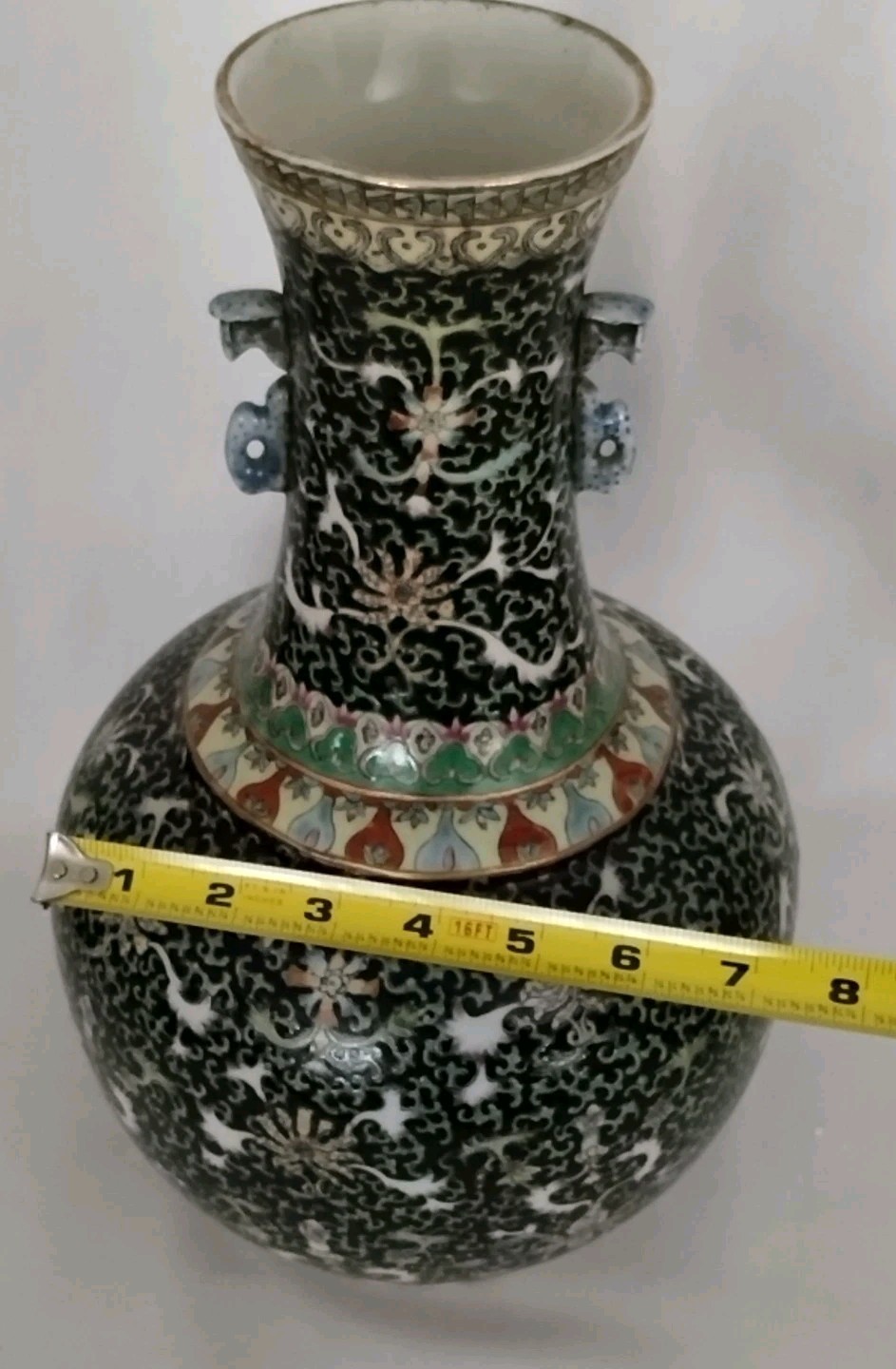 CHINESE BLACK PORCELAIN VASE 14" FLORAL FAMILLE NOIRE STYLE
