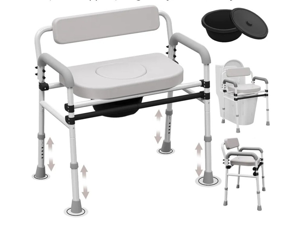 Adjustable Medical Bedside Commode Chair with Padded Backrest, Arm Support,...
