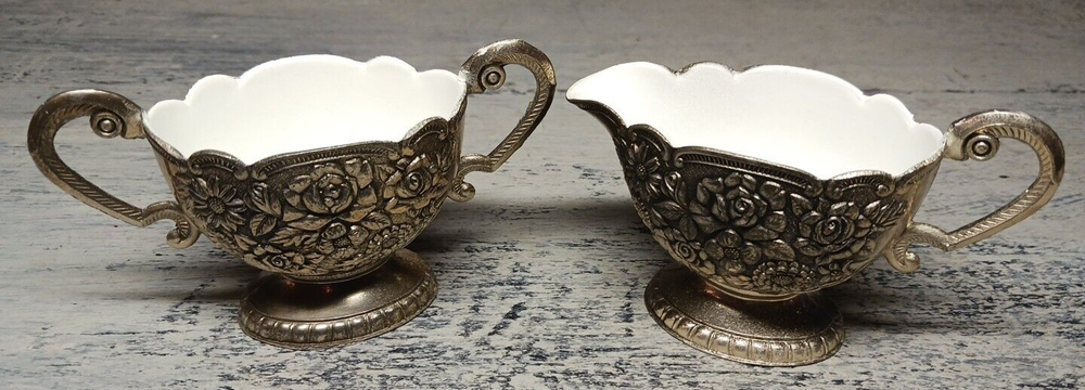 Silver Plate Cream & Sugar Dish Set With Porcelain Inside Nice Embossing Outside