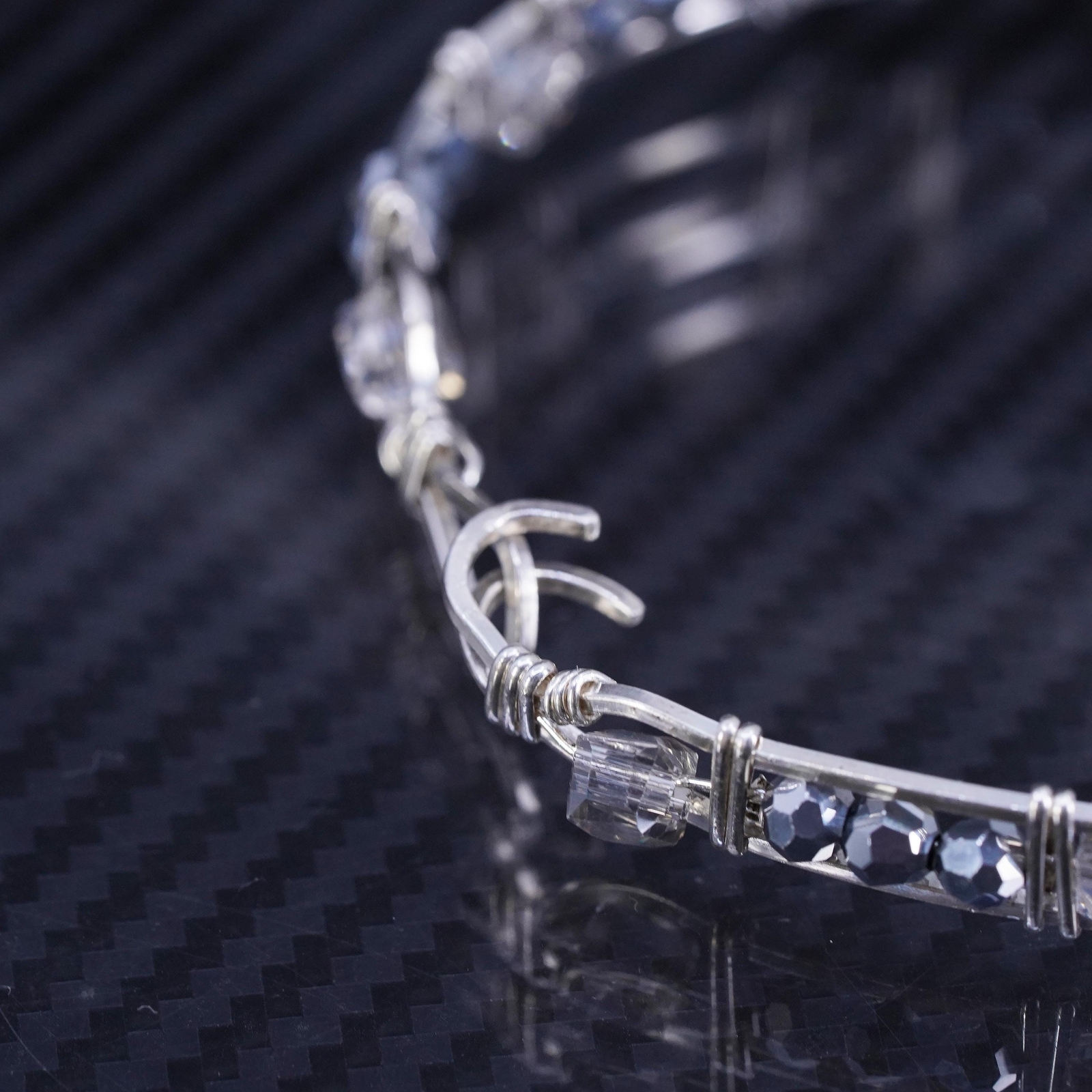 7.5”, Mexican sterling silver wired 925 hinged bangle, bracelet cluster crystal