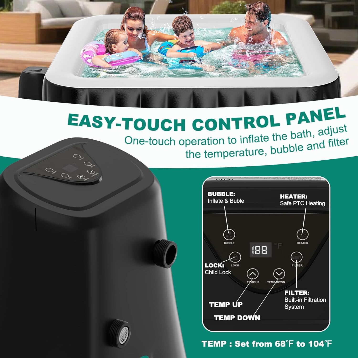 SLSY 6 Person Inflatable Hot Tub Portable Outdoor Spa with 130 Bubble JetsFilter