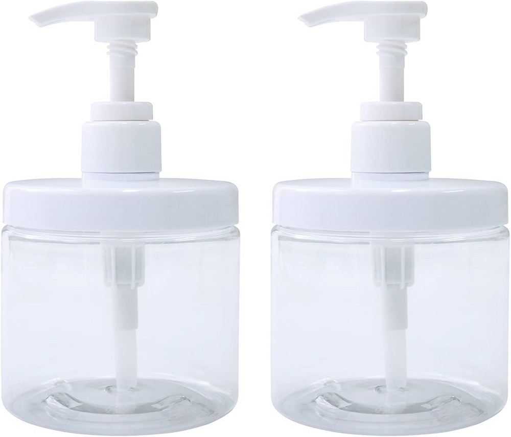 2 Pack Refillable Pump Bottles 500ml Wide Mouth Clear Plastic