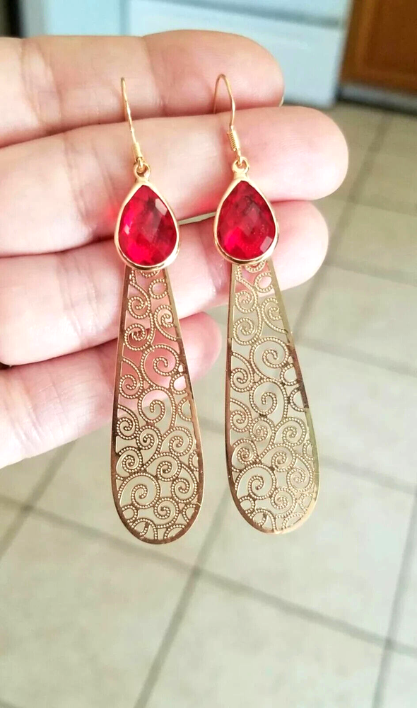 14k Gold Ruby Red Crystal Earrings Long Dangle Earrings Teardrop Earrings