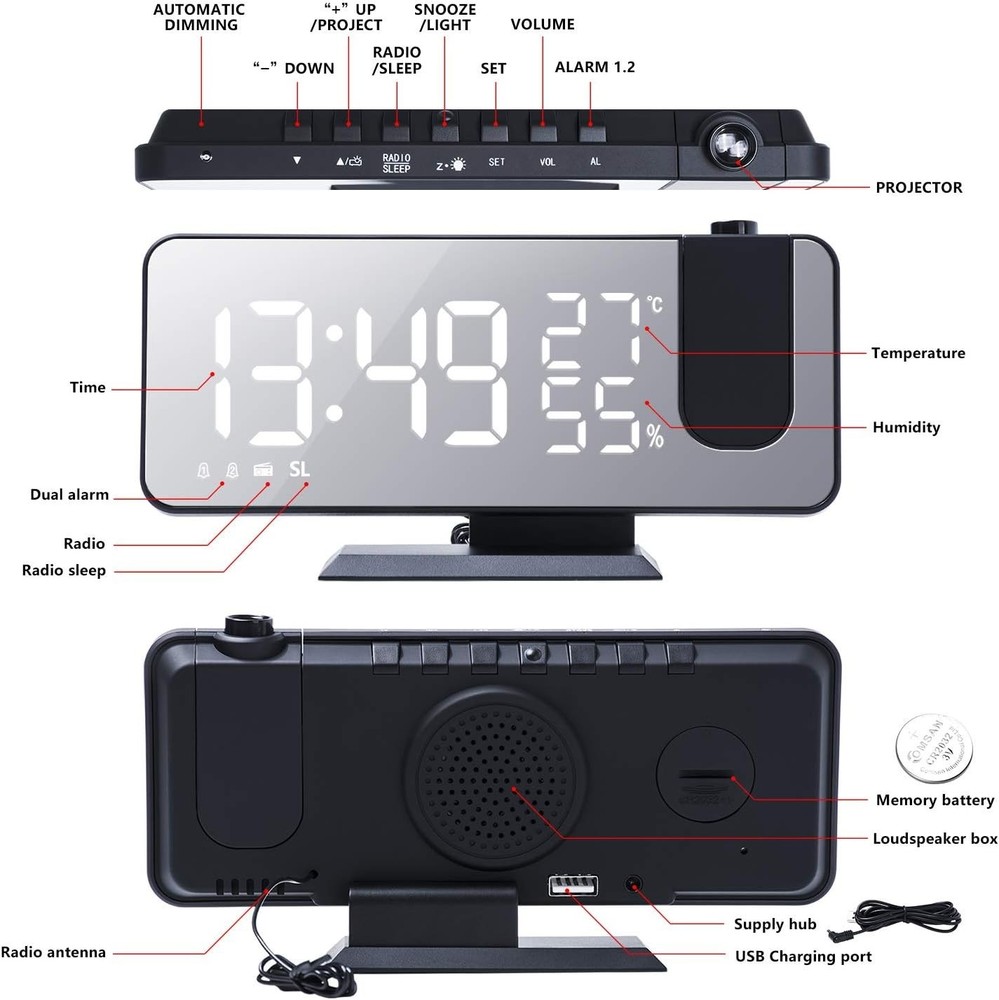 Stylish Black 7.3'' Projection Alarm Clock with Sleep Timer & Brightness Control