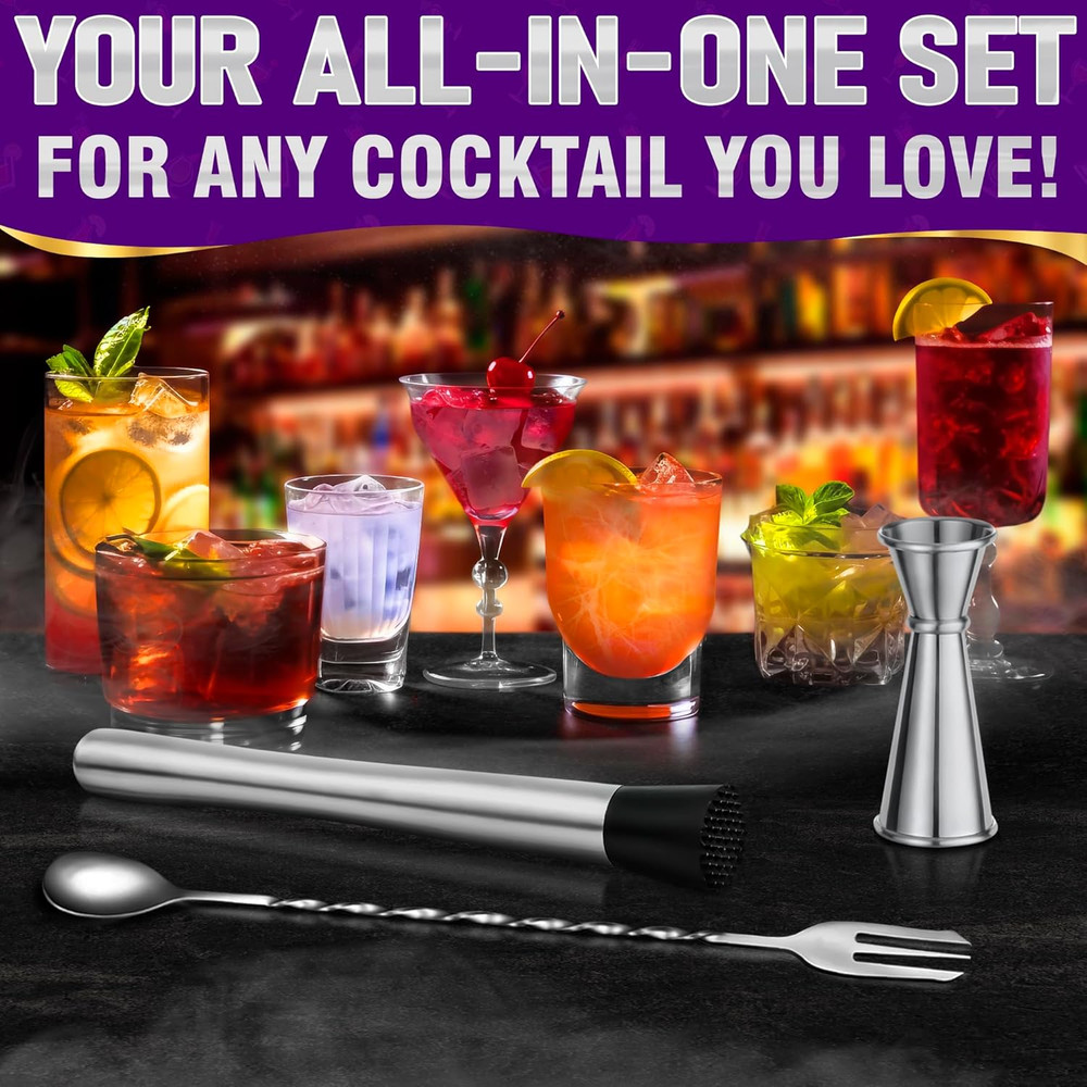 3 Pcs Muddler Set - Bar Muddler, Cocktail Spoon & Jigger for Mixing Drinks