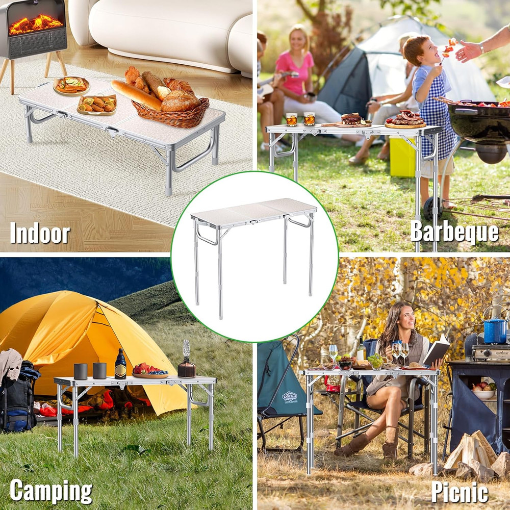 Folding Table for Camping, 3-Adjustable Height Lightweight Folding Picnic Table