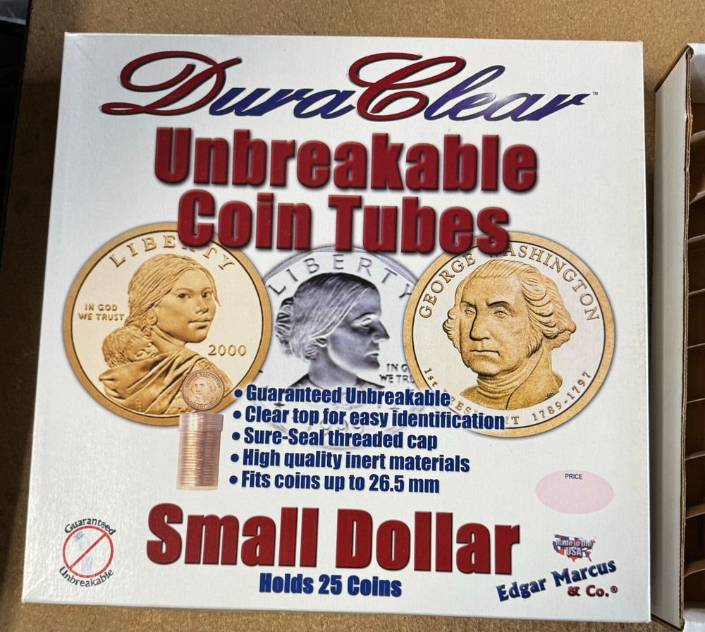 5 EMPTY DuraClear Small Dollar Coin Tube Boxes with inserts - NEW