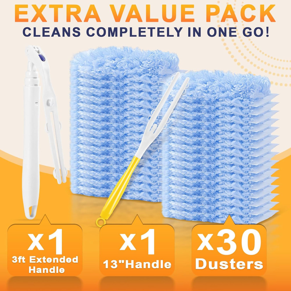 30-Pack Heavy Duty Duster Refills Compatible with Swiffer, 3FT Extendable Handle