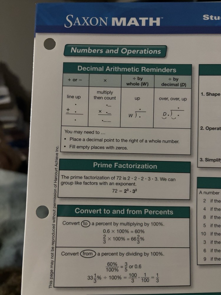 Saxon Math Binder Inserts Student Reference Charts Courses 1-3