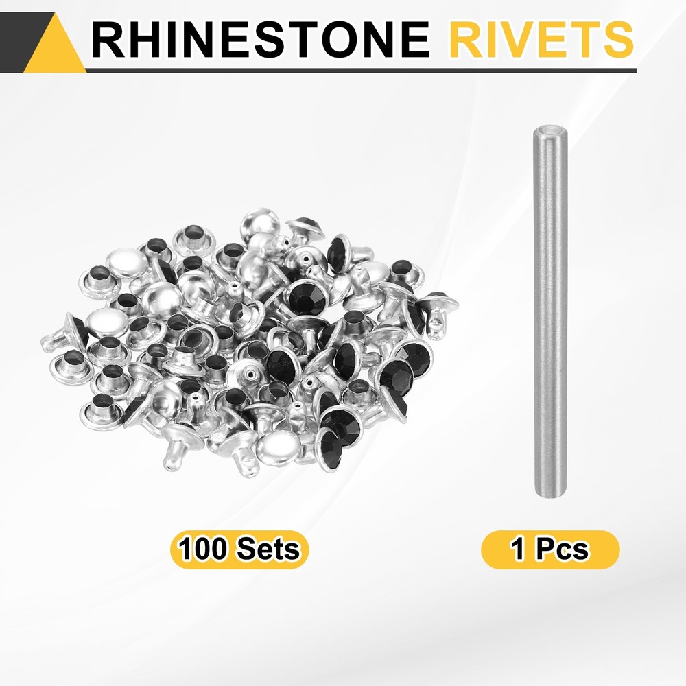 100pcs Crystal Rivets 6mm Rhinestone Stud with Installation Tool, Silver Black