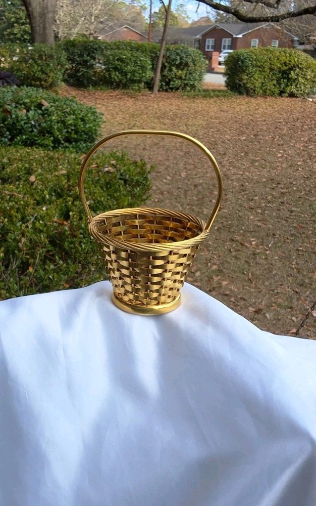 Vintage Newport EP GP-178 Small 5" Woven Gold-Plated Metal Basket w/Handle