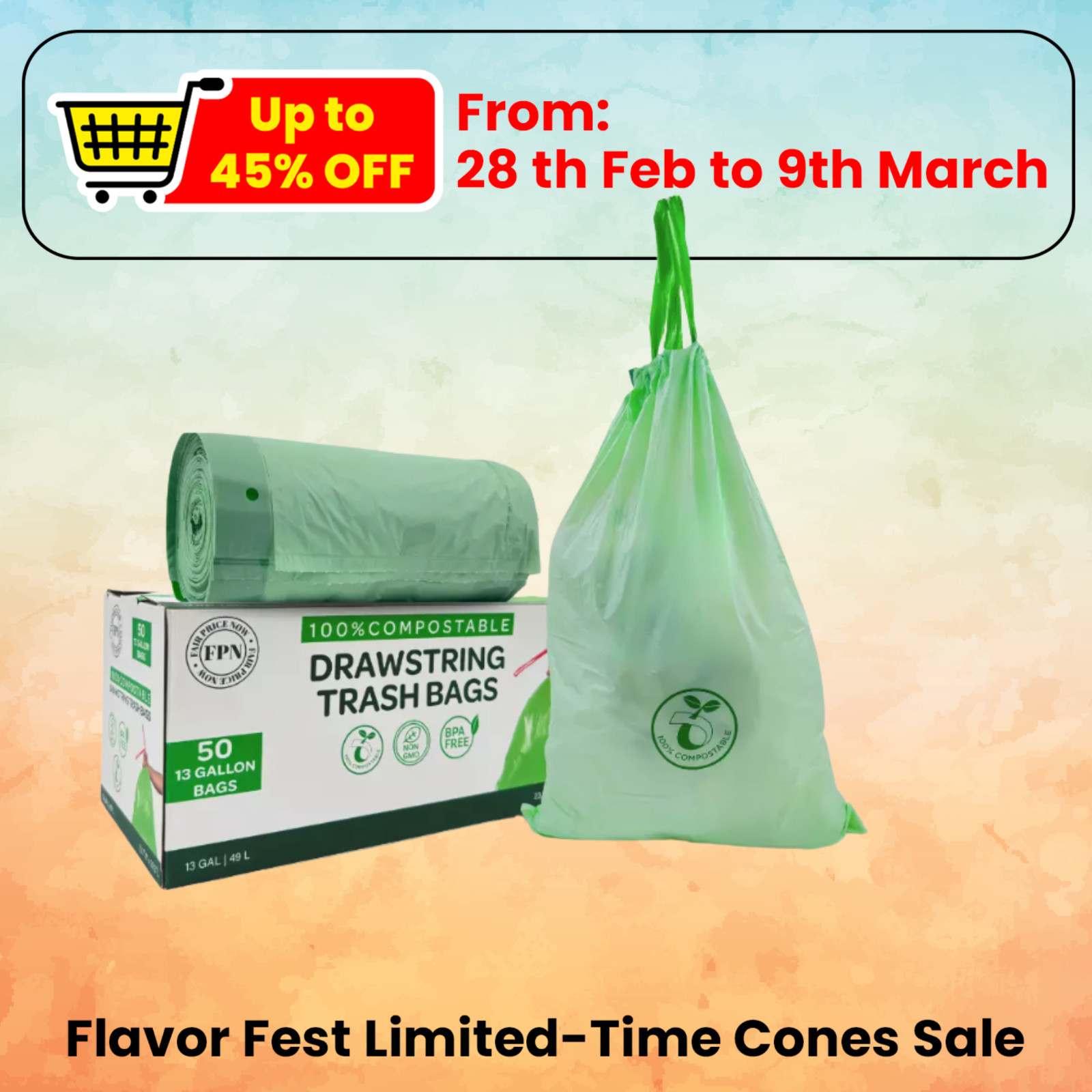 Trash Bags with Drawstring 100% Compostable Durable Garbage Bags 3,8,13 & 30 Gal