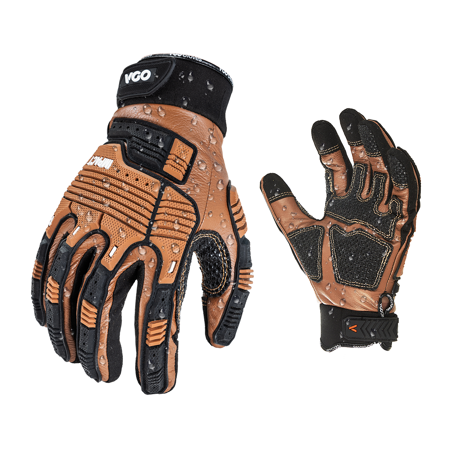 Vgo 1 Pair Cow Leather Impact Mechanic Work Gloves,Water Repellent(CA7722IP)