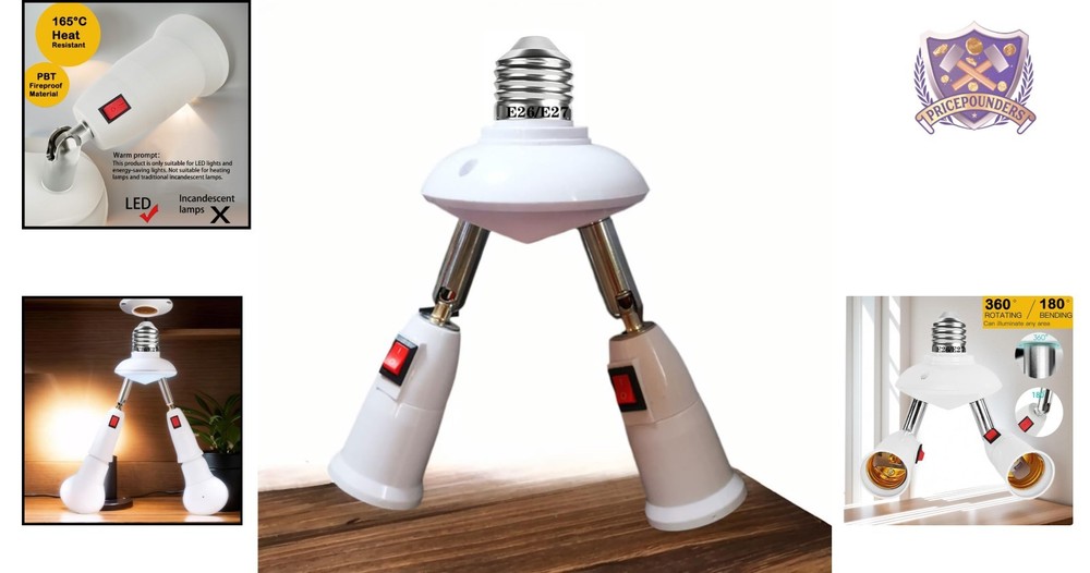 2-in-1 Light Socket Extender E26/E27 to 2 Bulb Adapter Adjustable 360° Rotatable