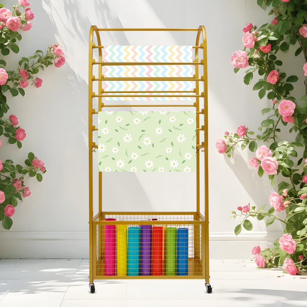 Multifunctional Flower Wrapping Paper Storage Stand Display Rack with Wheels