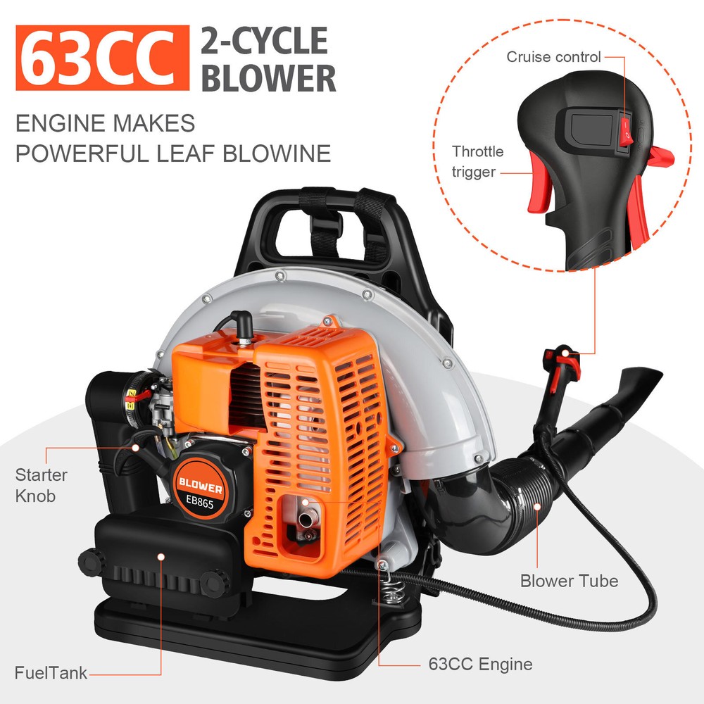 🧡63CC Backpack Gasoline-Powered Leaf Blower Gas Blower 665CFM 2-Stroke Engine