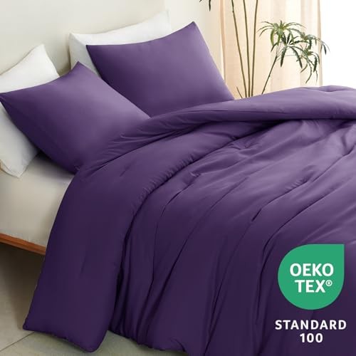 Comforter Set 3 Pieces Solid Comforters Size Breathable Quilted Queen Purple