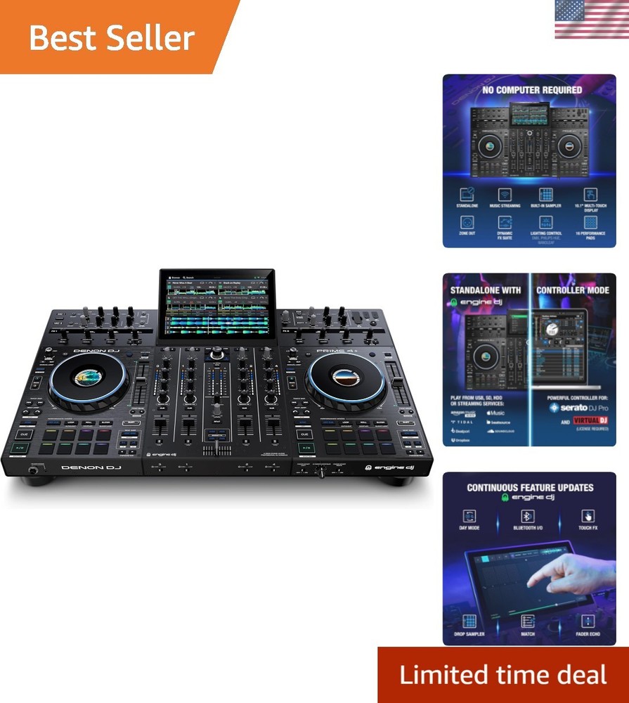4-Deck Prime 4+ DJ Controller with Wi-Fi Streaming & Dynamic Drop Sampler Mixer