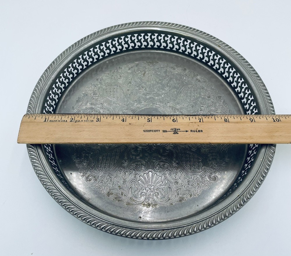 Vintage Rogers Inc. Silver Plated 10” Fancy Etched Round Serving Display Tray