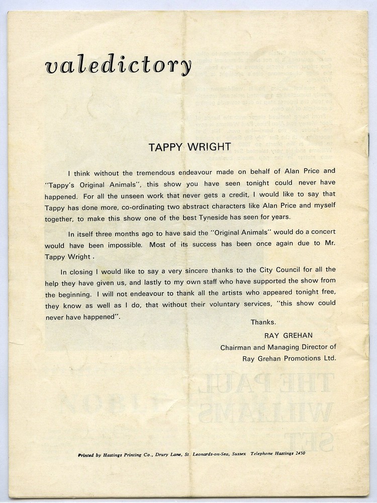 1968 THE ANIMALS Newcastle City Hall Reunion Concert Program and Ticket Stub