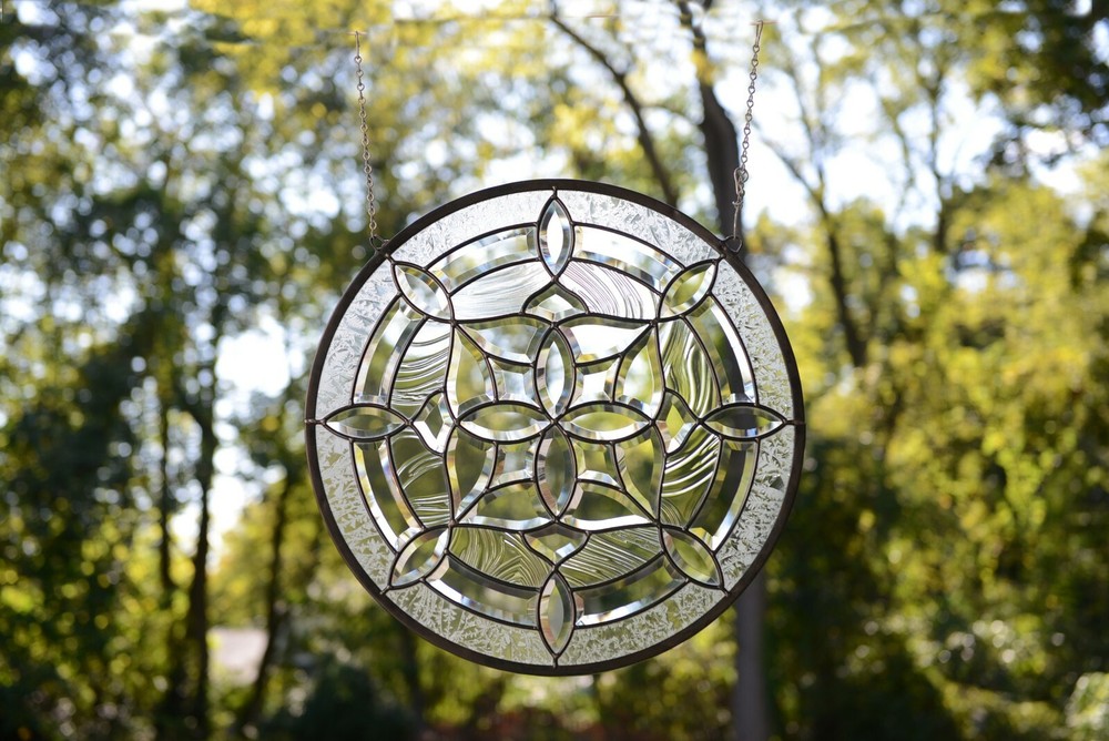 Handcrafted stained glass Clear Round Beveled window panel 21" Dia