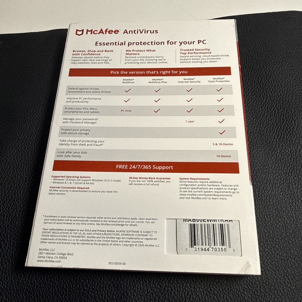 Mcafee Antivirus Pc Only Windows 10 Disc One Year Subsciption