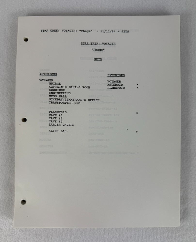 Star Trek Voyager “Phage” Final Draft Original Studio Script 11/11/1994